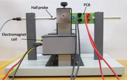 4. Side view of printed circuit board (PCB) and Hall probe placed vertically in between the pole pieces of electromagnet.